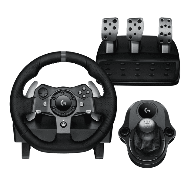 Logitech G920 SE Racing Combo with black leather-wrapped racing wheel featuring stainless steel paddle shifters and Xbox controls, separate pedal set with three stainless steel pedals, and six-speed H-pattern shifter with leather and steel details, compatible with Xbox X|S, Xbox One, PC, and Mac, suitable for precise racing simulation and immersive driving training.