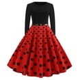 thumbnail image 1 of Pompotops Robe Vintage Évasée pour Femmes, Ligne A, Ceinture, Bal, Manches Longues, Imprimé à Pois, Robe de Soirée en Solde, 1 of 5