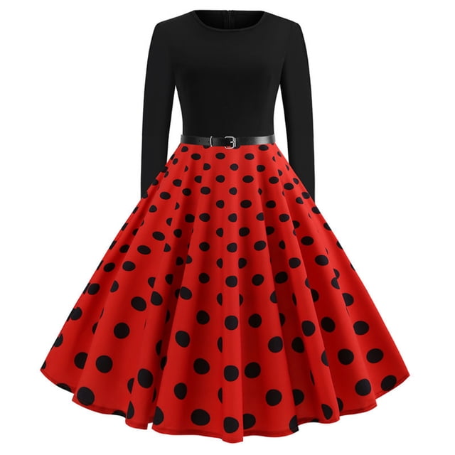 Pompotops Robe Vintage Évasée pour Femmes, Ligne A, Ceinture, Bal, Manches Longues, Imprimé à Pois, Robe de Soirée en Solde