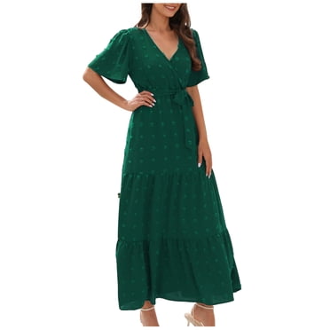 TopLLC Robes d'Été pour Femmes 2023 Robe Bohème Manches Courtes Col en V Pois Suisses à Volants Robe Maxi à Étages Robes de Cocktail Smockées