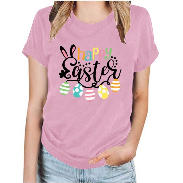 RKSTN Hauts pour Femmes Décontracté Été Ample Grande Taille Imprimé Graphique Lapin de Pâques Blouse Mode Col Rond Manches Courtes T-shirt