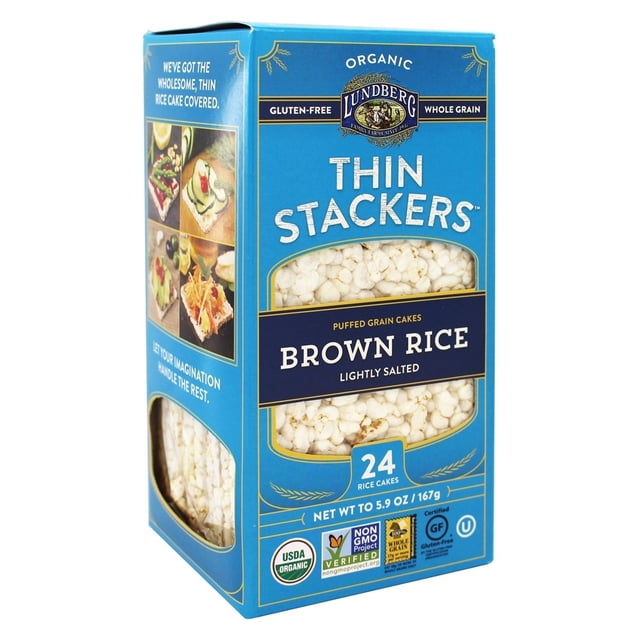 Lundberg Organic Thin Stackers Riz Brun Légèrement Salé, Boîte de 5,9 oz (167 g) Contenant 24 Gâteaux de Riz à Grains Soufflés. l'Emballage Est Bleu avec Biologique USDA, Vérifié par le Projet non-OGM et certifications Sans Gluten Affichées. les Gâteaux de Riz Sont Visibles à Travers une Fenêtre Transparente sur le Côté, Idéal comme Collation de Grains Entiers.