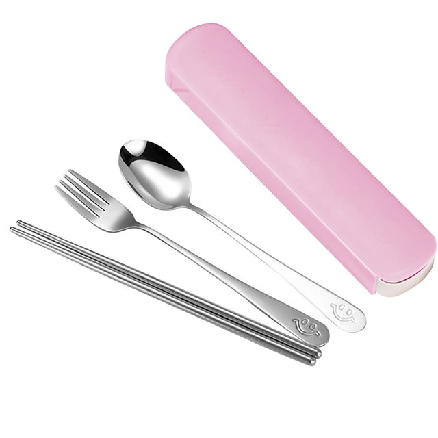 Hi,Fancy Portable Chopsticks Spoon Fork Set Stainless Steel Student Office Cutlery with Storage Box, Smile, Pink, 3Pcs