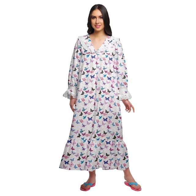 Moomaya Printed Nightdress For Ladies Cotton Ruffled Border Nursing Nightwear