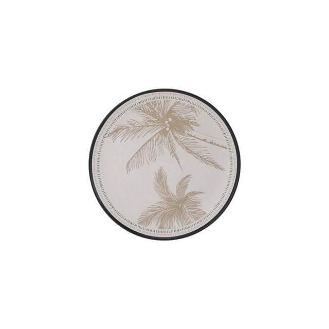 Hometrends Palm Bamboo Melamine Dinner Plate 10.4 Inch with a white base and beige palm leaf decals, bordered by a green dotted rim, made from a durable 55% bamboo and 45% melamine blend, ideal for serving main courses in dining and entertaining settings.
