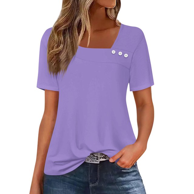 Women's Button V-Neck T Shirt Short Sleeve Loose Casual Blouse Basic Tee Tops
