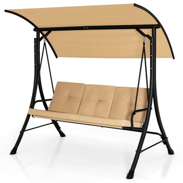 Costway Balançoire de Porche Extérieure 3 Places Auvent Ajustable Coussins Rembourrés Cadre en Acier Beige
