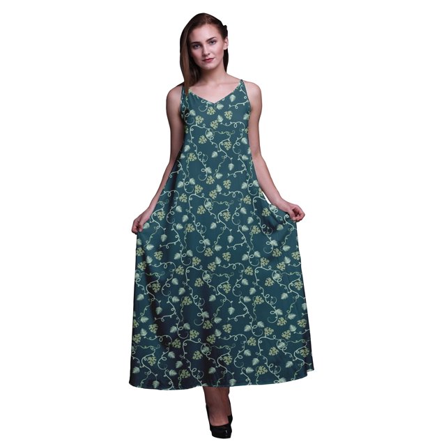 Bimba Robe Longue Maxi de Soirée pour Femmes en Rayonne à Imprimé Feuilles, Dos Nu, Bretelles Spaghetti - Grande