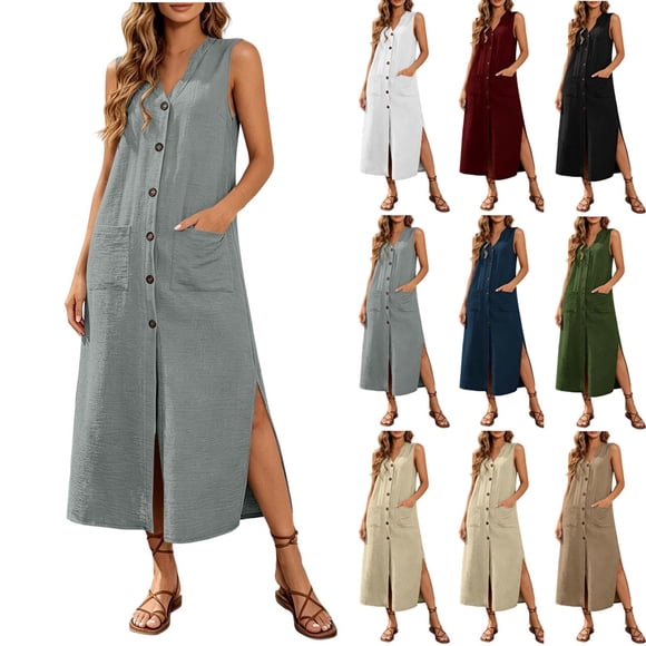 Sentmoon Button down Shirt Dress for Women Hawaiian Dresses for Women Solid Color Sleeveless V Neck Loose Fit 2026 Summer Women's Dress for Work and Office