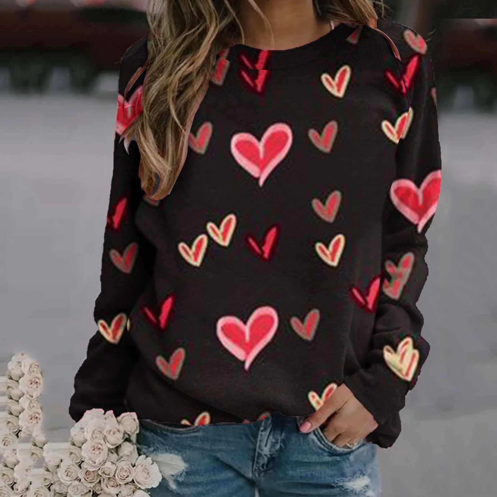 Aboser Chandails de la Saint-Valentin pour Femmes, Chandail à Enfiler à Imprimé Cœur d'Amour, Manches Longues, Coupe Régulière, Hauts Mignons à Col Rond, Chemises Mignonnes