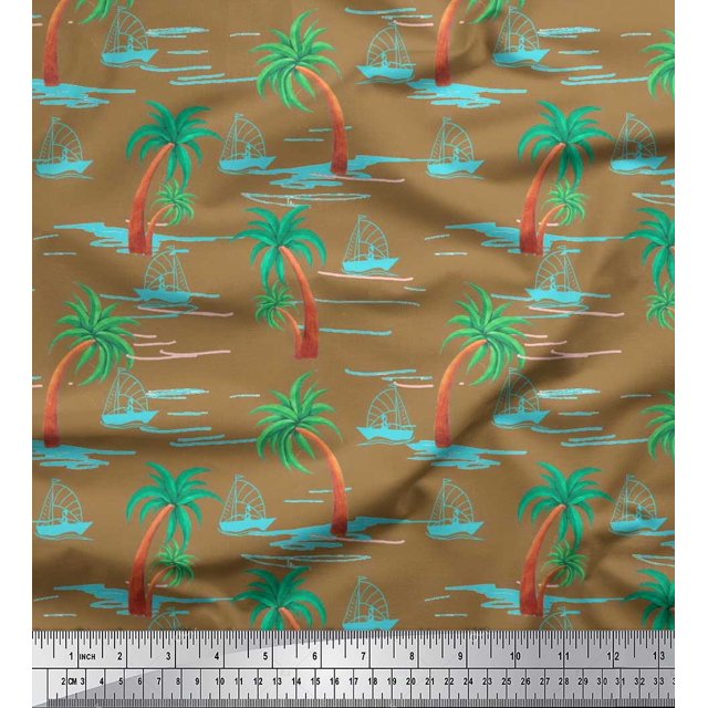 Soimoi Polyester Crepe Fabric Palm Tree & Sailboat Beach Print Fabric by The Yard 52 Inch Wide