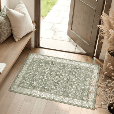 BERTHMEER Tapis 60 X 90 cm, Petits Tapis Verts, Style Vintage Vieilli, pour Chambre, Entrée, Cuisine, Dortoir, Antidérapants, Lavables, de Style Oriental Traditionnel.