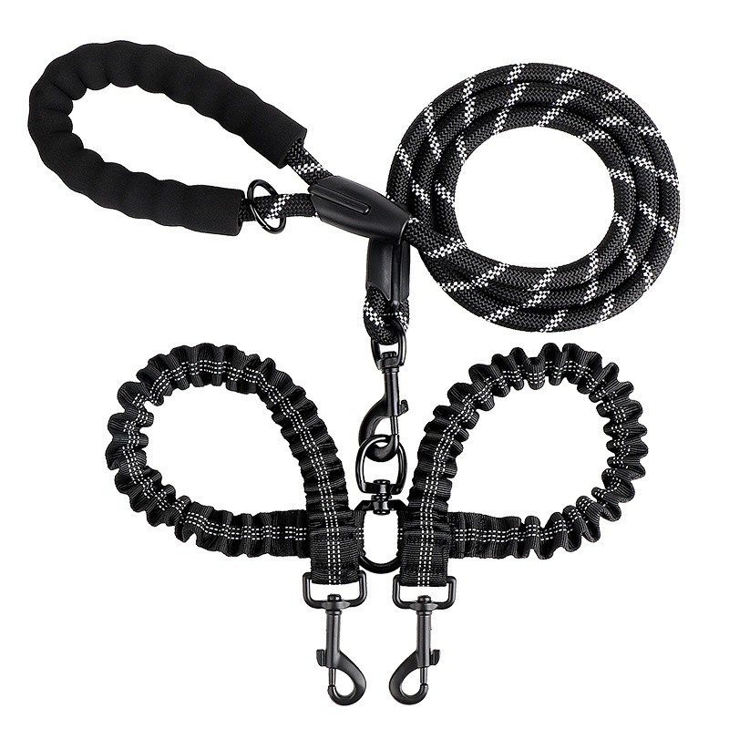 Double Dog Leash - Double Reflective Leash with Comfort Handle, One-to-Two Double Ended Dog Leash - Stretchable Nylon Leash - Black