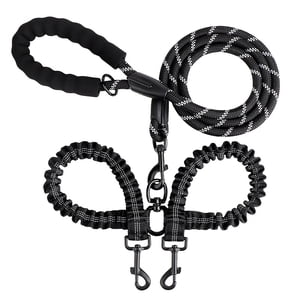Double Dog Leash - Double Reflective Leash with Comfort Handle, One-to-Two Double Ended Dog Leash - Stretchable Nylon Leash - Black