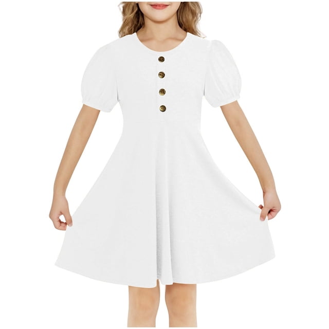 RXIRUCGD 2025 Vêtements d'Été pour Enfants Filles Robe d'Été Couleur Unie Col Rond Manches Courtes Robe Décontractée et Confortable pour Adultes