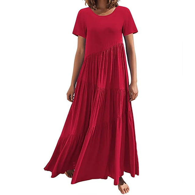 Robe à Manches Longues Femme Mode Estivale pour Femmes Robe Longue Ample Manches Courtes Col Rond Asymétrique à Étages Robe Longue de Plage Robe d'Été pour Femmes Robe d'Été Aguichant à Manches Longues