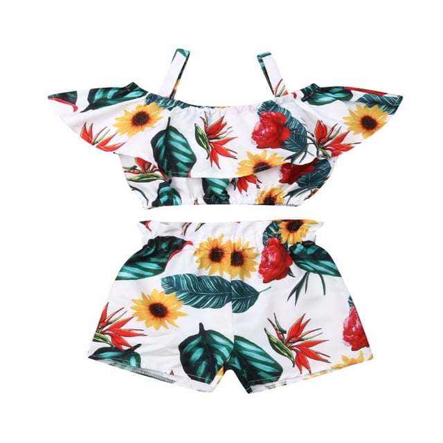 Baby Girl Off Shoulder Floral Cropped Ruffle Top + Shorts Clothing