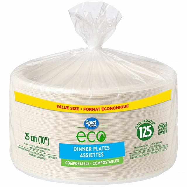 Great Value Eco Compostable Dinner Plates , 125 plates, 25 cm (10’’)