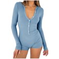 thumbnail image 1 of Penkiiy Women's Short Sleeve Ribbed Knit Button Front Collar Romper Playsuit Bodysuit S Light Blue, 1 of 9