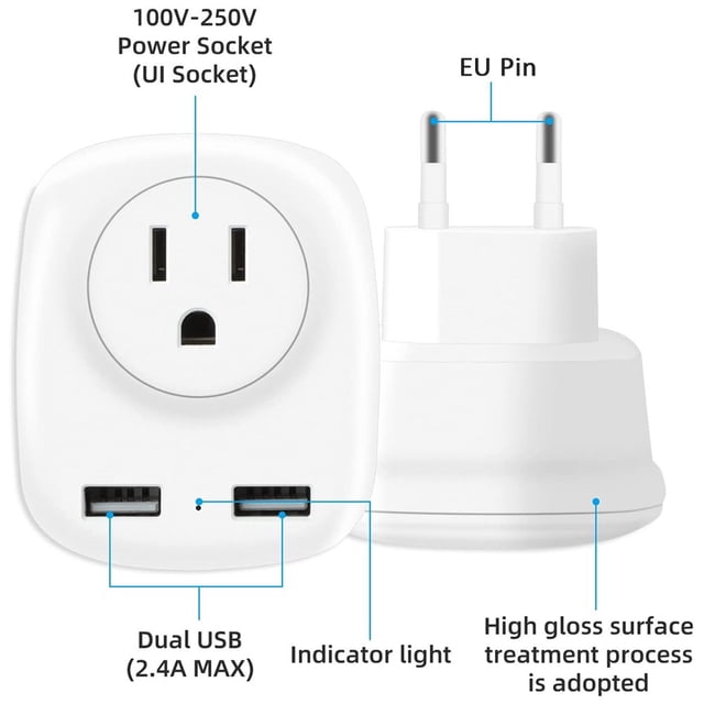 European Travel Power Adapter 3-in-1 International Power Adapter Charger with 2 USB Ports for US 100-250V Multi-function Power Adaptor Travel Spare Adapter for Cellphone Tablet