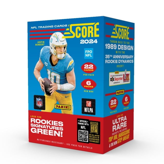 2024 Panini Score Football NFL Blaster Box with blue and red packaging featuring a football player in a blue jersey and yellow pants holding a football. The box includes 22 cards per pack, 6 packs per box, rookie signatures in green, ultra-rare inserts, and a 1989 design throwback with 35th anniversary rookie dynamics.