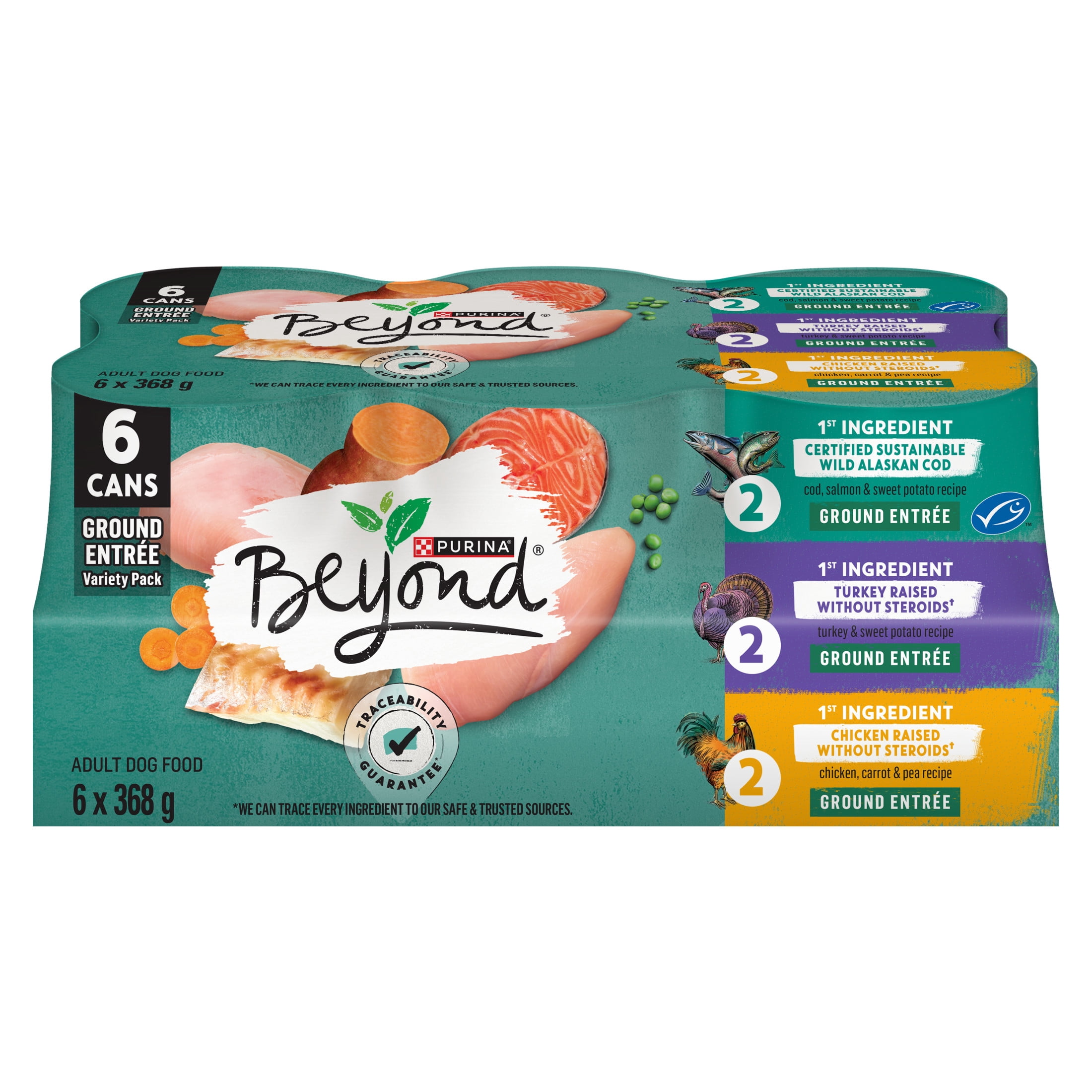 Beyond Grain Free Ground Entrée Variety Pack, Wet Dog Food 6x368g