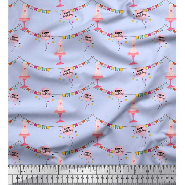 Soimoi Blue Modal Satin Fabric Birthday Theme Party Decor Fabric Printed Yard 42 Inch Wide