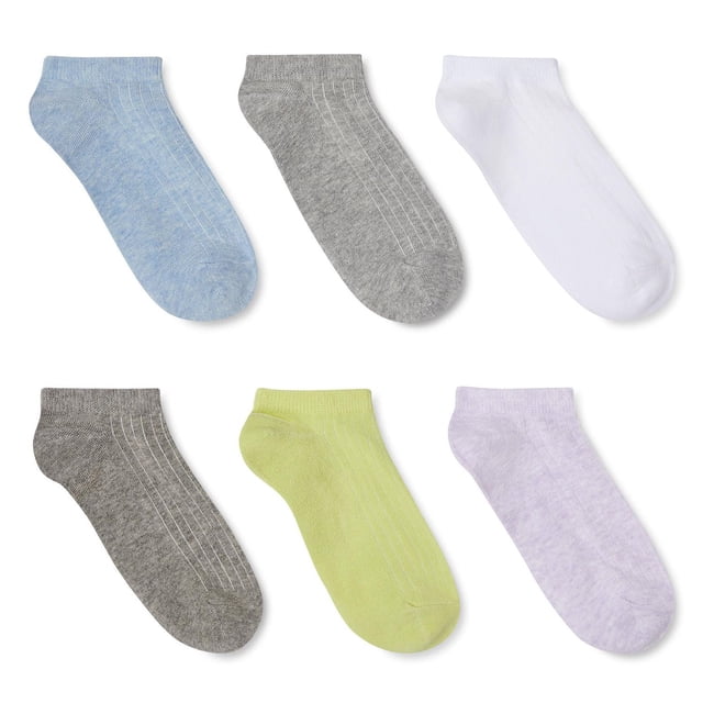 George Women's Low-Cut Socks 6-Pack including six pairs of low-cut ribbed cuff socks in assorted colours such as light blue, grey, white, dark grey, light green, and lavender, made from a breathable cotton blend, ideal for everyday casual wear or light exercise.
