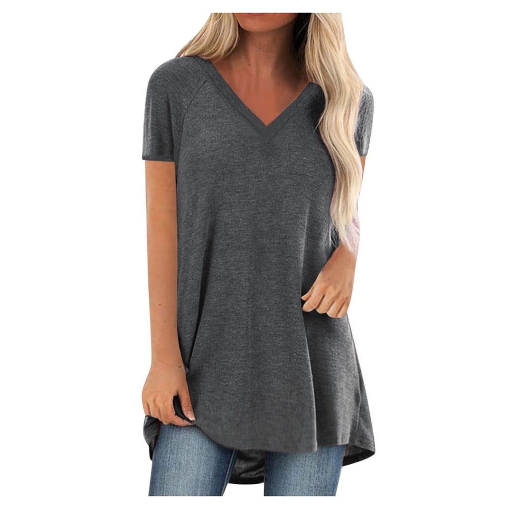 CEHVOM Mode Femme Grande Taille Imprimé Col en V Manches Courtes T-shirt Long Blouse