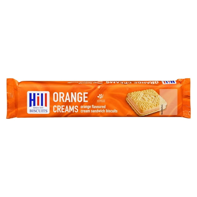 Hill Biscuits Orange Flavoured Cream Sandwich Biscuits in a 150 g bright orange wrapper featuring two crisp, crumbly biscuits with a tangy orange cream centre, a citrus twist on classic cookies suitable for vegetarians and ideal for snack time.