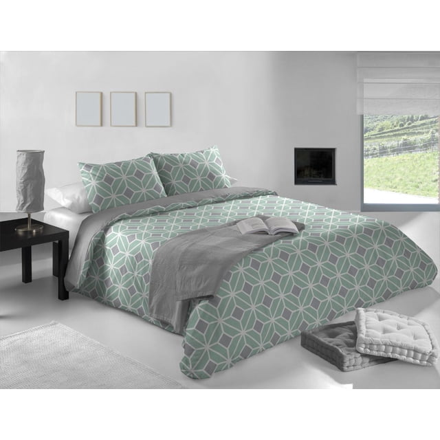 Gouchee Home Komet Aqua 3-Piece Queen Duvet Cover Set with aqua and grey geometric cube pattern on breathable 200 thread count cotton percale, including duvet cover and two pillow shams, styled on a queen bed with a grey throw and open book in a minimalist room with a black nightstand and window view, ideal for modern bedroom decor and year-round comfort.