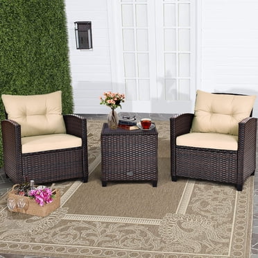 Costway Ensemble de 3 Pcs en Rotin pour Patio, Ensemble de Conversation avec Coussins, Sofa et Table Basse