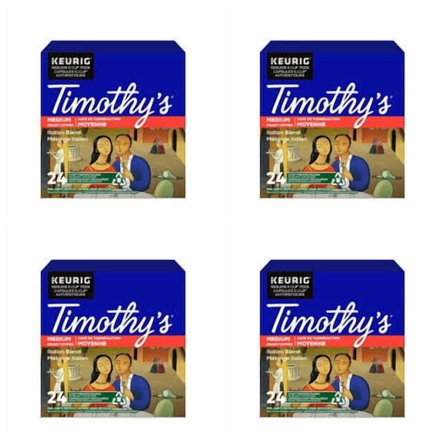 Timothy's Italian Roast Keurig K-Cup Dosettes 96 Unités Étui 96 Unités (4 Boîtes X 24) Montré à l'Avant; Torréfaction Foncée, Café Corsé avec des notes Sucrées et Fumées Type Espresso, Fonctionne avec les Cafetières Keurig et Keurig 2.0, Dosettes et Emballages Certifiés Recyclables, Emballage en Vrac Souvent Utilisé pour le service de Boissons au Bureau Ou pour les Événements.