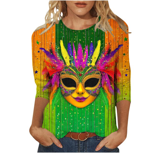 Penkiiy Blouse de Carnaval Manches 3/4 Chemise de Printemps T-Shirt Quotidien Blouse à Imprimé Masque Mardi Gras Col Rond 2024 Tunique Habillée L Multicolore
