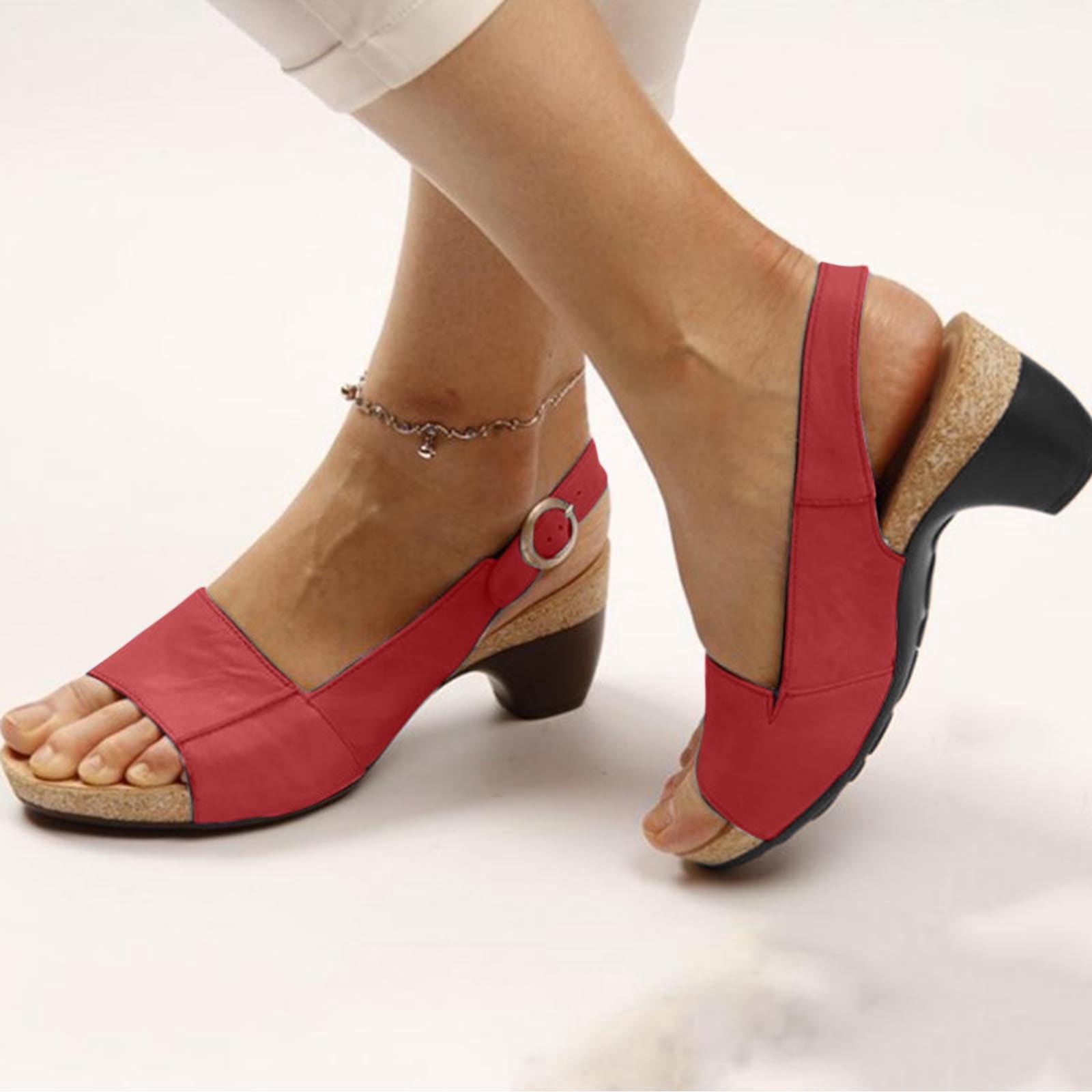 LSLJS Women's Wedge Sandals Ankle Strap Low Heeled Sandals Fish Mouth Open Toe Sandals
