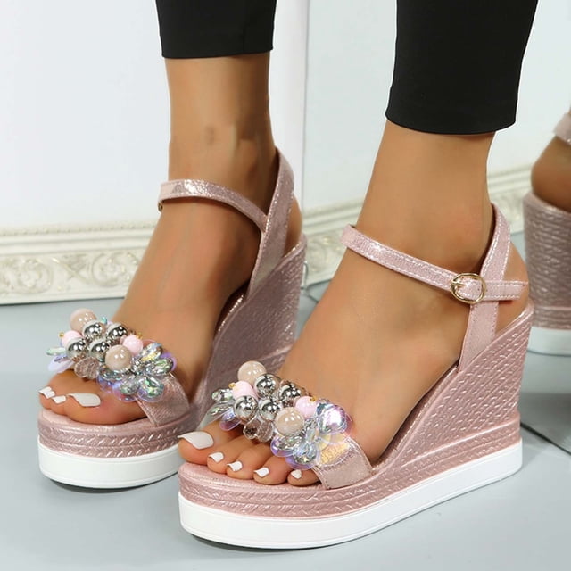 LSLJS Wedge Sandals for Women, Women's Open Toe Casual Shoes Rhinestone Comfortable Platform Wedge Sandals Shoes