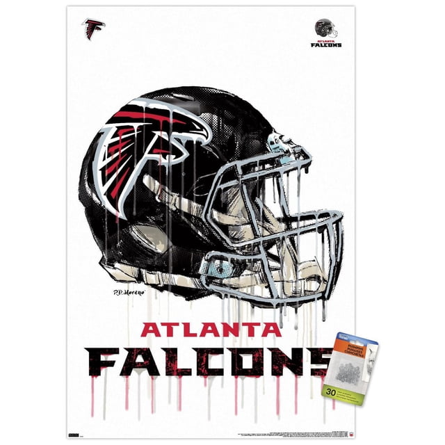 NFL Atlanta Falcons - Affiche Murale Drip Helmet 20, 22,375 Pouces x 34 Pouces Mettant en Vedette un Casque de football Noir Orienté vers l'Avant avec le logo des Atlanta Falcons en Rouge, Blanc et Noir. le Casque a un Effet de Peinture Goutte à Goutte et un Masque Facial Détaillé sur Fond Blanc avec Texte Audacieux Rouge et Noir « Atlanta Falcons » Ci-Dessous. Cette Affiche Brillante Convient à la Déco Murale de la Maison Ou du Bureau