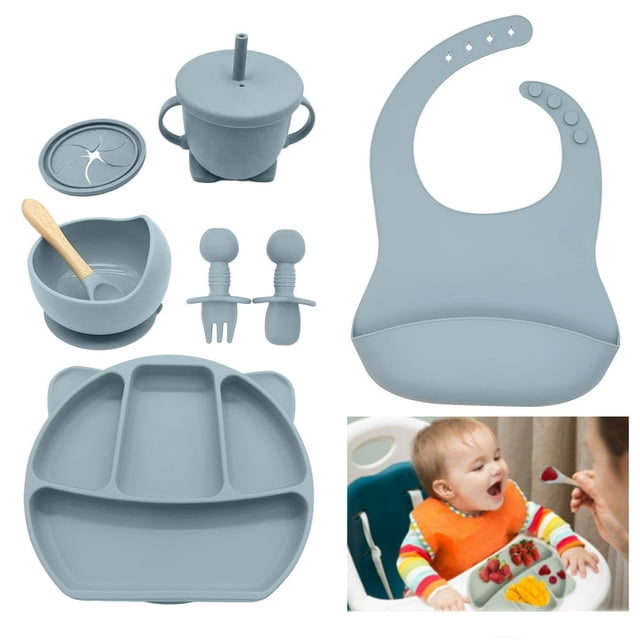 Baby Feeding Set, 6 Piece Baby Led Weaning Utensils Set Includes Infant Eating Utensils and Baby Bowl with Suction (Blue)