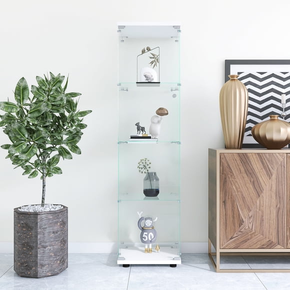 Display Cabinet, Freestanding tempered glass curio shelf with four inner shelves and closed door, simple to install decorative storage cabinet for home, White