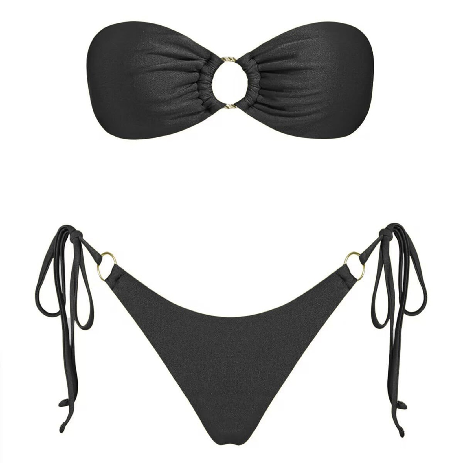 Swimsuits Women Solid Color Strapless Backless Gathering Separate Bikini Black Bathing Suits for Women L