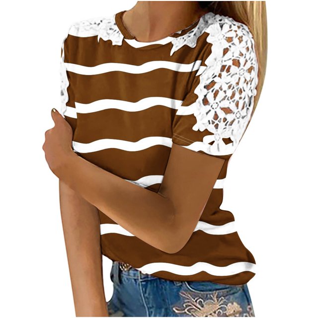 Birdeem Blouses pour Femmes Impression Manches Courtes Col Rond Chandail Dentelle Hauts Chemises Blouse