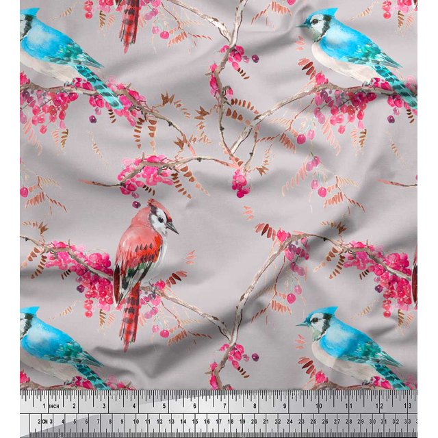 Soimoi Tissu Viscose Georgette Gris Baies Rouges & Oiseaux Bulbul Imprimés de Tissu au Mètre 44 Pouces de Large