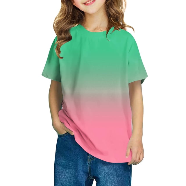 Bocqde Summer Cool Casual Shirts For Kids Short Sleeve Gradient Color Round Neck Top,3-14 Years