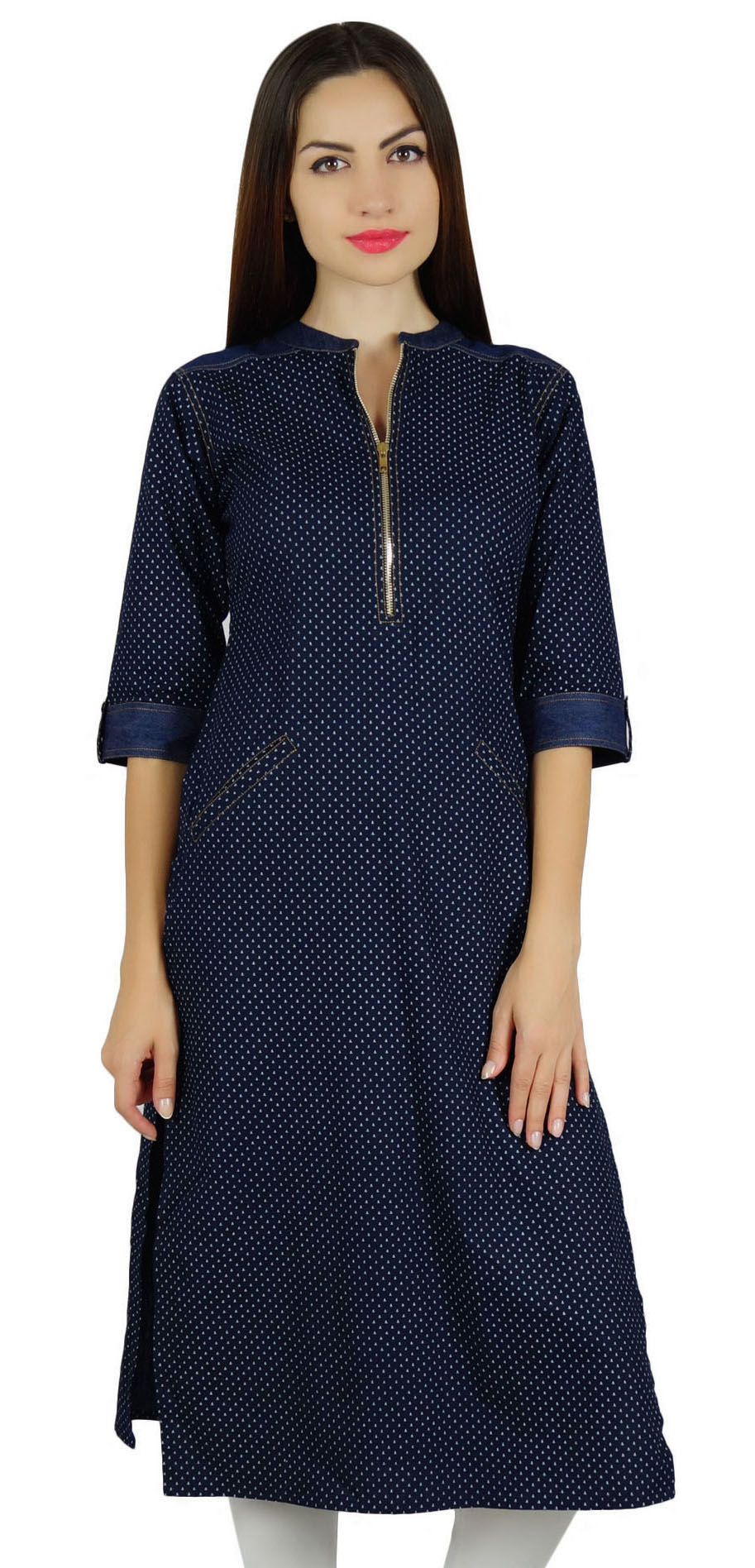 Bimba Kurta Kurti Tendance en Coton pour Femmes Tunique à Manches 3/4 avec Poches Blouse