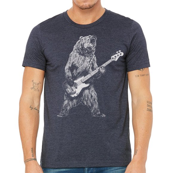Ours Jouant de la Basse Guitare Grizzly Joue Guitariste Rockstar T-Shirt Bleu Marine Chiné pour Homme de Qualité Supérieure