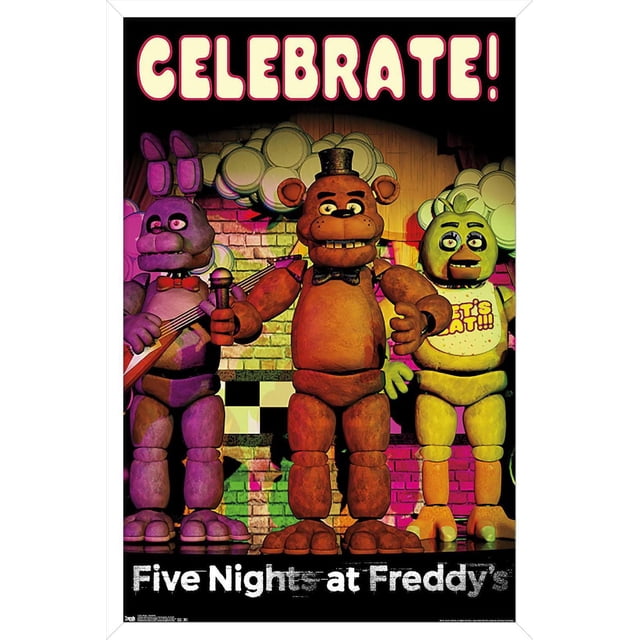 Five Nights at Freddy's - Affiche Murale « Celebrate », 22,375 Po x 34 Po, Encadrée, Représente Trois Personnages Animatroniques sur Scène avec un Mur de Briques et un Fond de Ballons sous un Éclairage Coloré. l'Affiche Présente un Texte Audacieux « Celebrate! » au-Dessus et le Titre du Jeu en Dessous, Convient à la Déco de la Maison Ou aux Contextes de Fête.