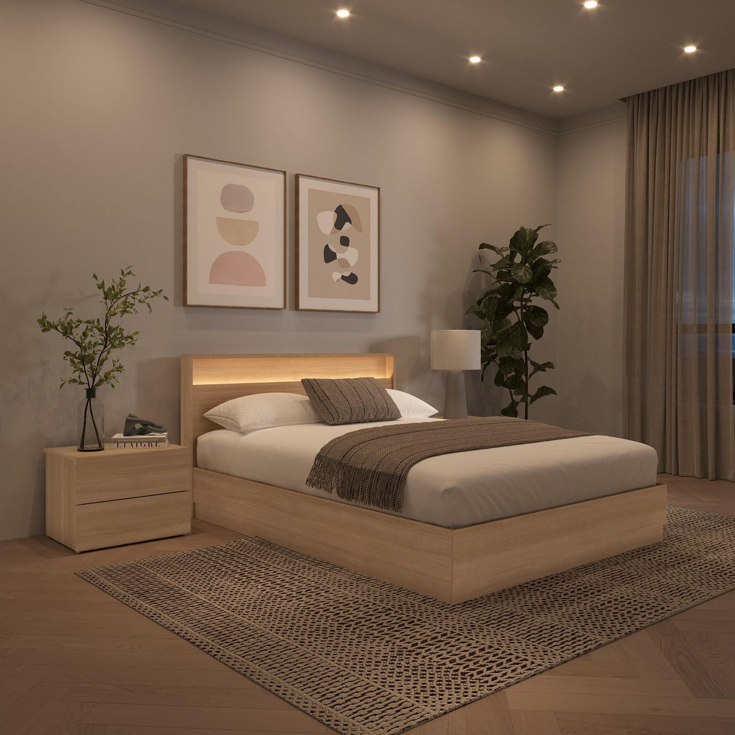 Chambre à coucher Hudson 4 pièces avec sommier à lattes, tête de lit avec éclairage intégré et 2 tables de chevet