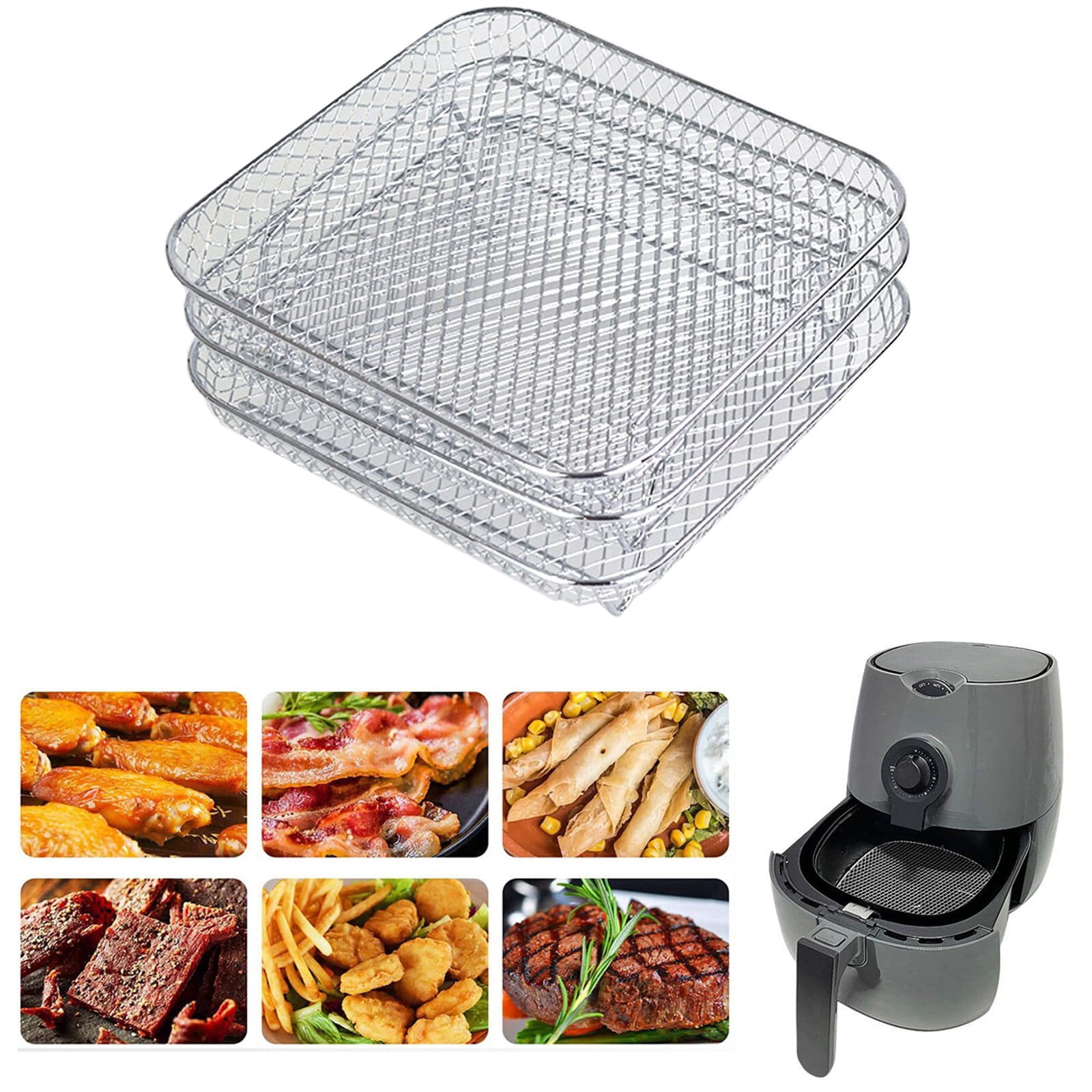 TASTAN Air Fryer Rack, 3-Tier Stackable Air Fryer Baskets - Includes 2 Tongs for Dehydrating & Grilling | Space-Saving Hot Air Fryer Accessories, Multi-Layer Fryer Accessory, Silver