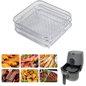 TASTAN Air Fryer Rack, 3-Tier Stackable Air Fryer Baskets - Includes 2 Tongs for Dehydrating & Grilling | Space-Saving Hot Air Fryer Accessories, Multi-Layer Fryer Accessory, Silver