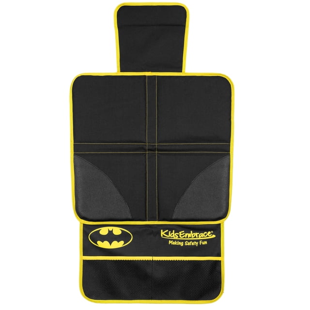 Batman Deluxe Vehicle Mat in black with yellow trim, featuring high-density foam and reinforced corner protectors, with a lower storage pocket displaying the Batman logo and KidsEmbrace branding, designed to protect vehicle seats from spills, crumbs, and shoe marks, compatible with LATCH car seats.